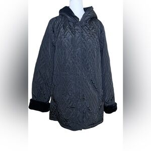 Dennis Basso NEW Women's XL Black Quilted Faux Fur Trim Hooded Coat‎ Drawstring